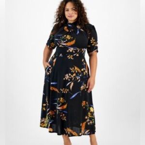 Rachel Roy Indigo Black Floral Long Midi Dress Size 16W Twist Neck New With Tags